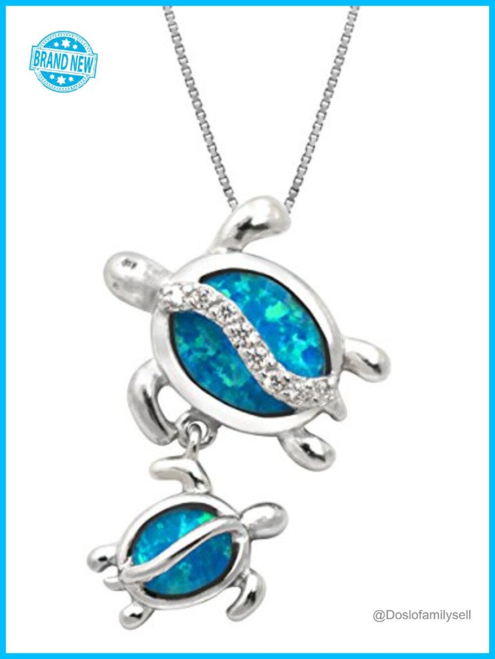 Sterling Silver Mom Baby Turtle Simulated Blue Opal CZ 18" Pendant Necklace